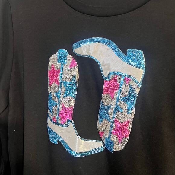 Sequin Cowboy Boot Black Long Sleeve Boutique Top Size M - Picture 2 of 4